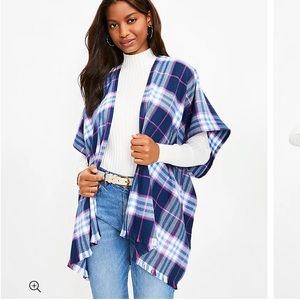 LOFT Ann Taylor Plaid Wrap Poncho Blue Pink Fringe Size XS / S NWOT